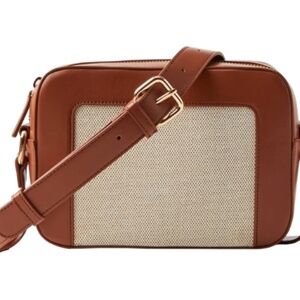 LOFT faux leather crossbody purse mixed media cognac raffia - NWT